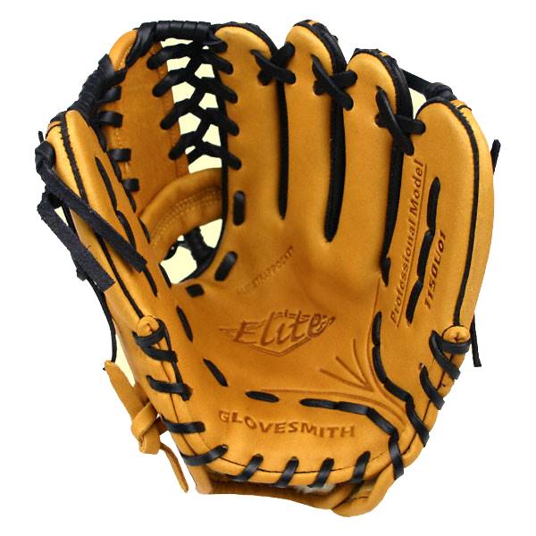 Front view of a tan baseball glove with black lacing, Elite logo, and GLOVESMIT text.