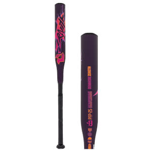 Full view and barrel detail of a dark purple fastpitch softball bat with pink/orange DeMarini Zenith text and D-logo.