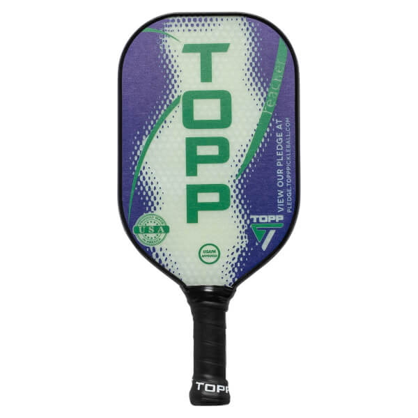 Front view of a white pickleball paddle with green TOPP text, purple and green abstract design, and USA and USAPA approved logos.