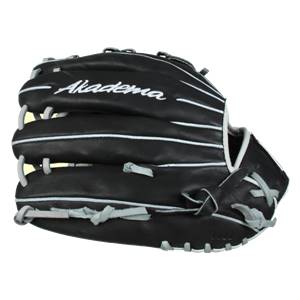 Side view of a black baseball glove with white stitching and Akadema logo.