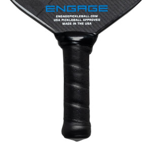 Close-up of a black pickleball paddle grip with perforations and the Engage logo.