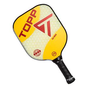 Top-down view of a yellow pickleball paddle with red TOPP logo and XJ-900 text.