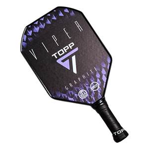 Top-down view of a black pickleball paddle with VIPER and TOPP GRAPHITE text, and a purple geometric pattern.