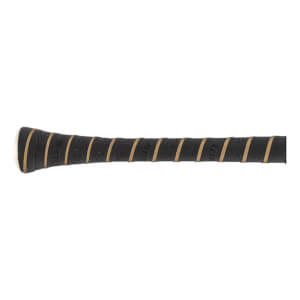 Close-up side view of a black bat handle with tan spiral stripes, perforations, white end cap, and WARSTIC text.