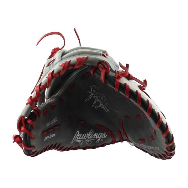 Top-down view of a grey and black first base mitt with red lacing and Rawlings branding.