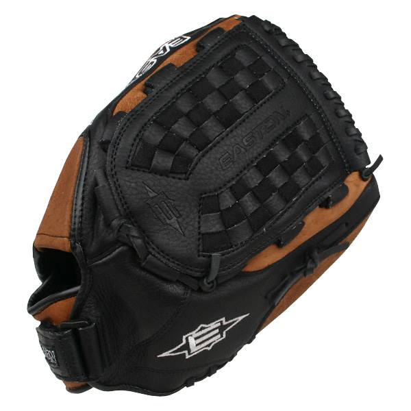 Corner view of a black and brown baseball glove with a checkered web and Easton branding.