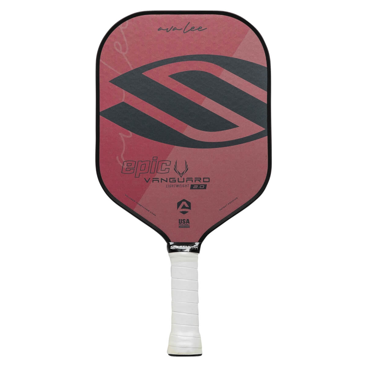 Front view of a red pickleball paddle with a black S logo, epic VANGUARD 2.0 text, and a white grip.