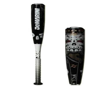 Side view of a black baseball bat with DeMarini branding and a skull graphic.