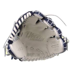 Inside view of a white baseball glove with navy blue accents, Liberty Advanced embossed on the palm, and WORTH. stitched on the finger.