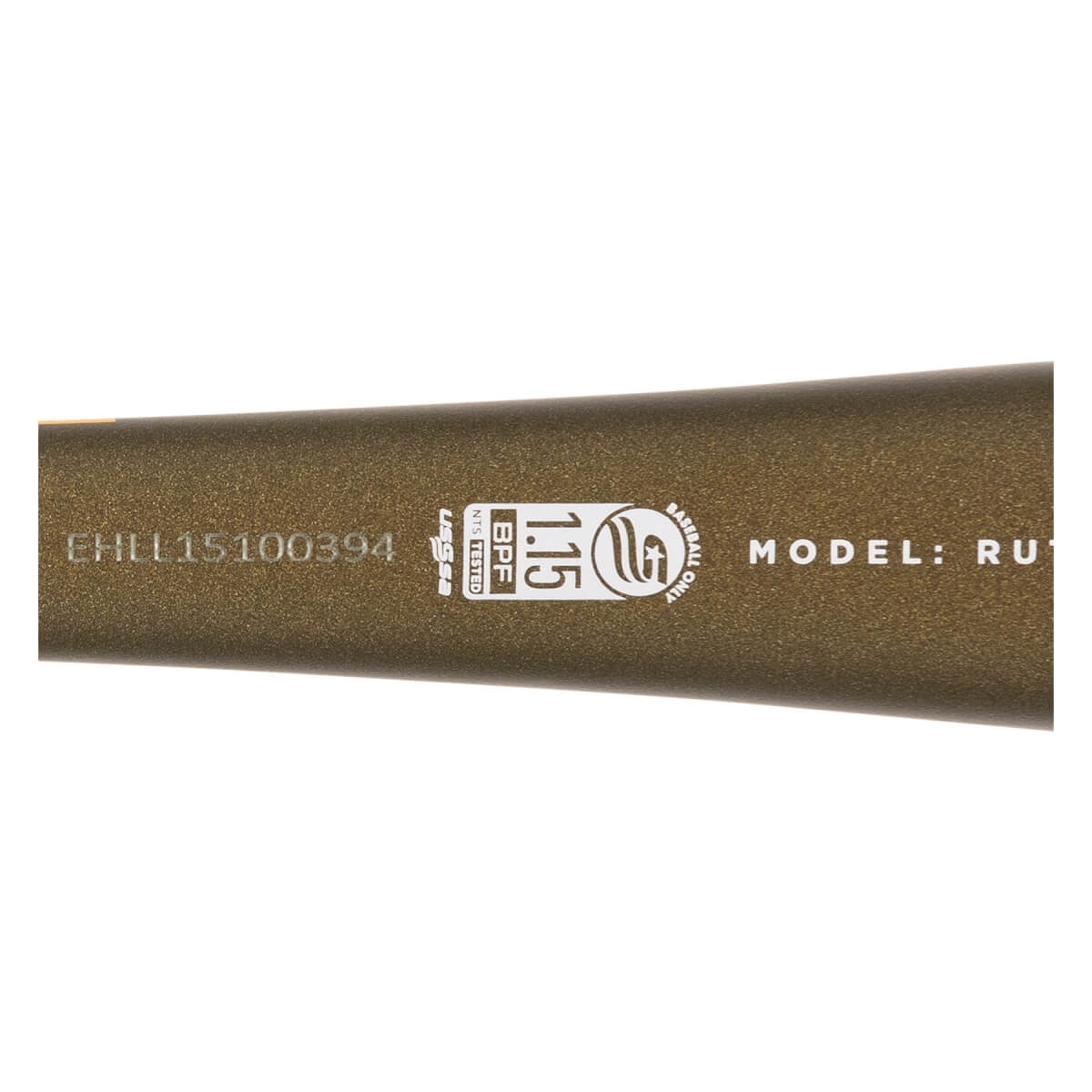 Close-up of a bronze baseball bat with USSSA BPF 1.15 and MODEL: RU visible.