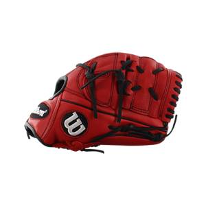 Side view of a red baseball glove with black lacing and a white Wilson W logo.