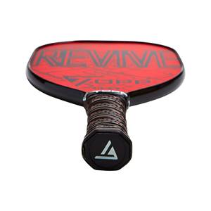 Top-down view of a red pickleball paddle with black grip and white triangle logo.