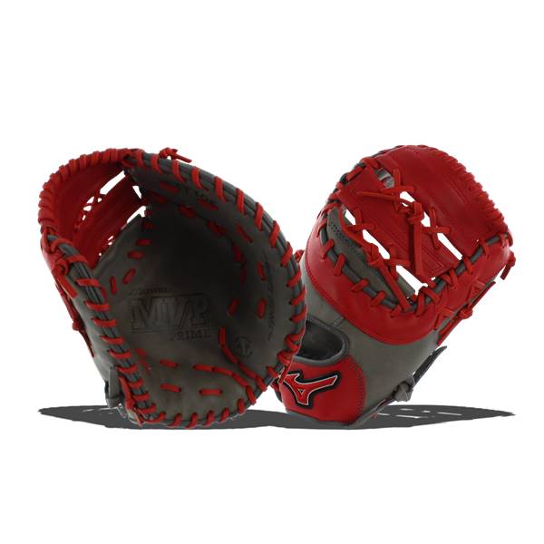 Front view of smoke and red Mizuno MVP Prime SE first base mitt with red stitching and logo.