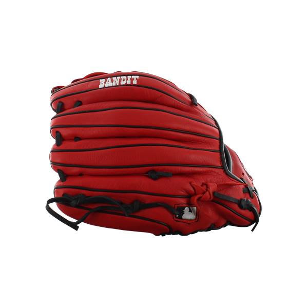 Side view of a red baseball glove with black lacing and BANDIT text.
