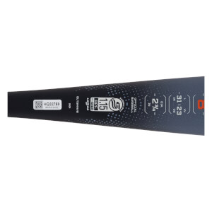 Close-up side view of a black baseball bat with white 1.15 BPF text, dimensions, and a QR code.