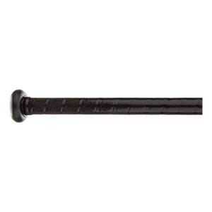Side view of a black baseball bat with a textured grip and black end cap.