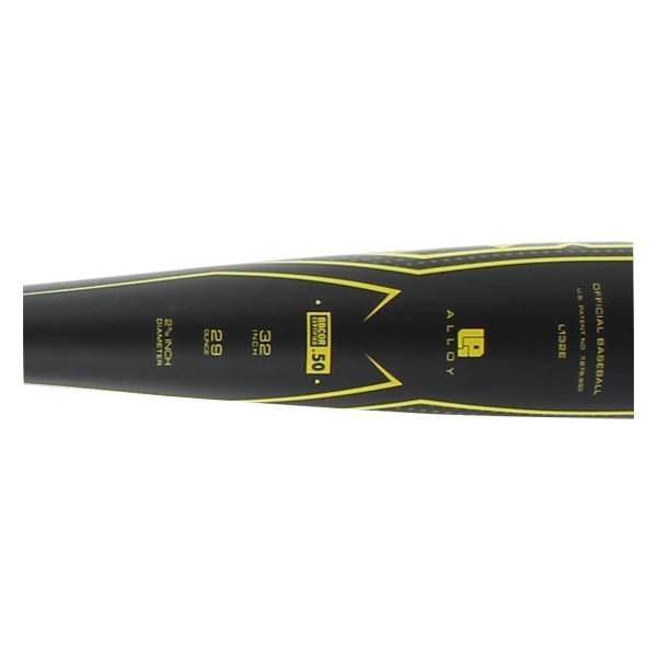 Side view of a black baseball bat with yellow accents, ALLOY text, and BBCOR CERTIFIED 50 label.
