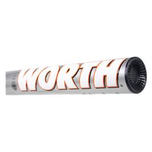 Side view of a silver softball bat with WORTH in white and orange lettering and a black end cap.