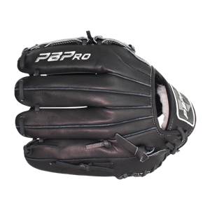Front view of a black baseball glove with PBPRO branding and white stitching.
