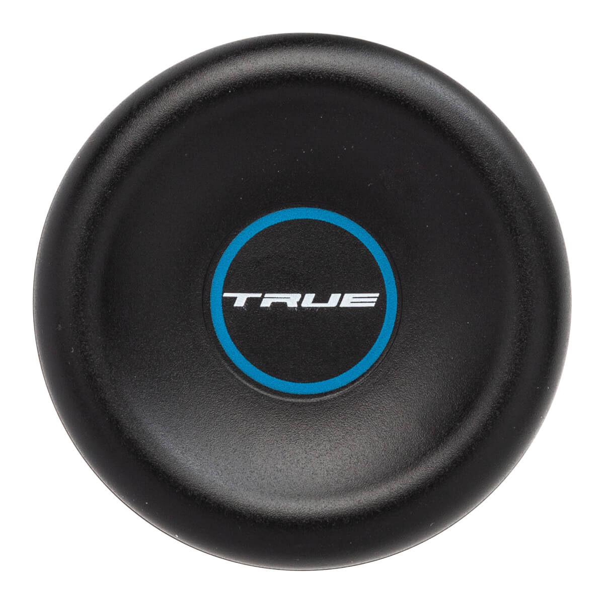Top-down view of a black baseball bat end cap with a blue ring and white TRUE logo.