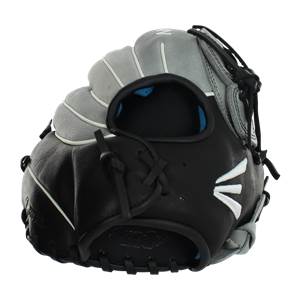 Side view of a black and gray Easton fastpitch softball glove with white stitching and a white Easton logo.