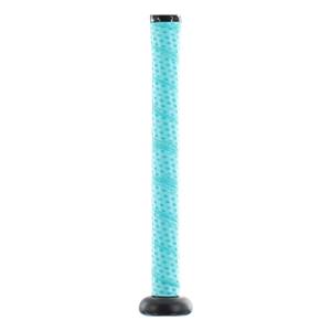 Close-up of a teal softball bat grip with a dotted pattern and black end cap.