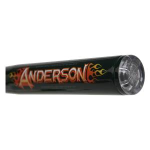 End view of a dark green baseball bat with Anderson in orange flames and a clear cap.