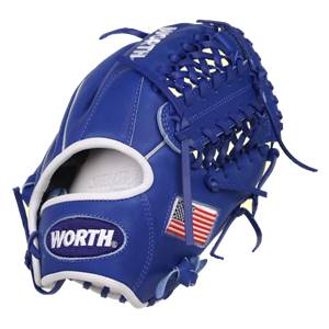 Front view of a royal blue baseball glove with white trim, a WORTH logo, and an American flag patch.