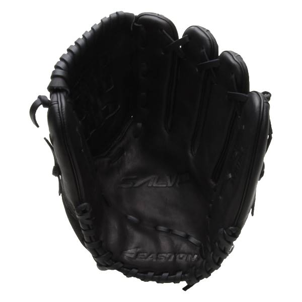 Top-down view of a black softball glove with SALVO and EASTON branding.