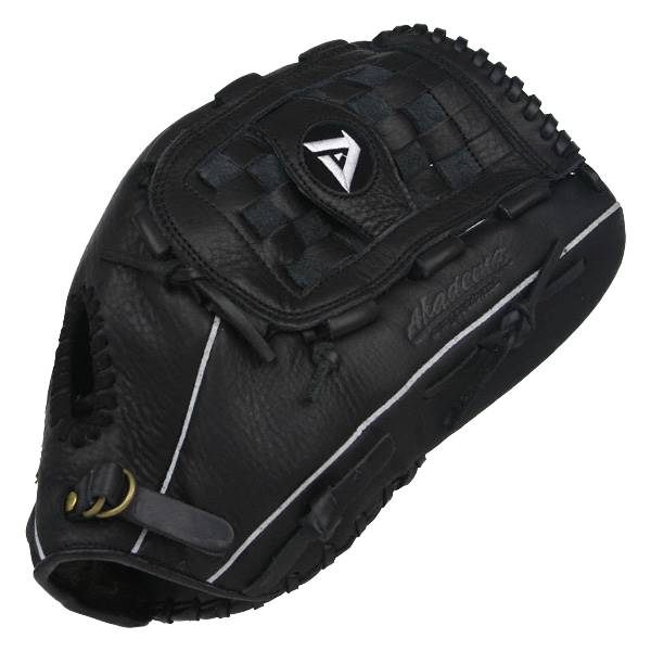 Side view of a black baseball glove with white stitching and an Akadema logo.