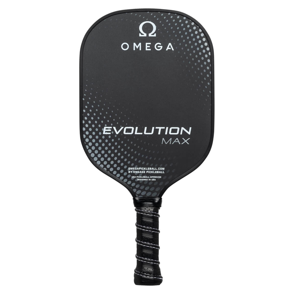 Front view of a black pickleball paddle with Omega logo, EVOLUTION MAX text, and a white-stitched grip.