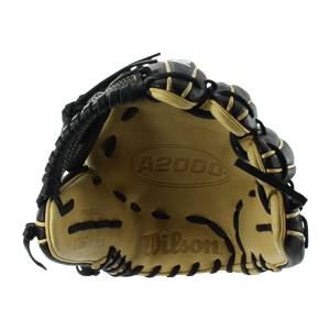 Inside view of a tan and black baseball glove with A2000 and Wilson branding.