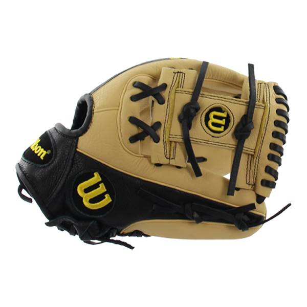 Side view of a tan and black baseball glove with Wilson text and W logos.