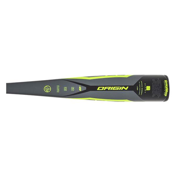 Top-down view of a gray and yellow baseball bat with ORIGIN and HYPERWHIP branding.