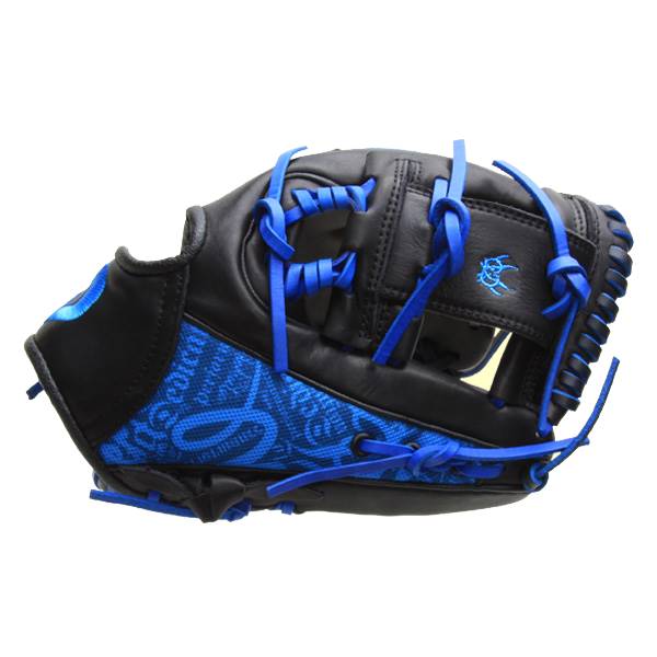 Side view of a black baseball glove with blue lacing and a blue patterned wrist strap.