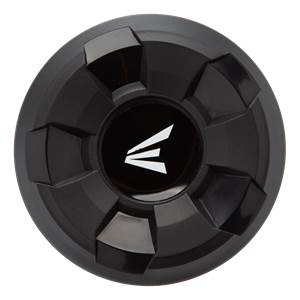 Top-down view of a black baseball bat end cap with the white Easton logo.