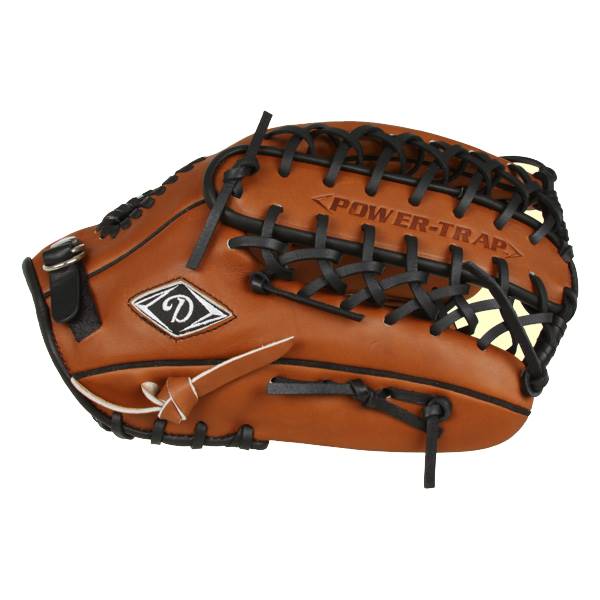 Side view of a brown baseball glove with black lacing and POWER-TRAP text.