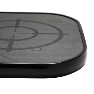 Corner view of a gray pickleball paddle with a black target design and black edge.