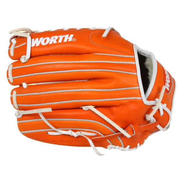 Side view of an orange baseball glove with white stitching and WORTH branding.