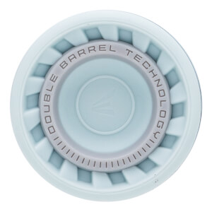 Top-down view of the light blue end cap featuring a textured circular design with the words “DOUBLE BARREL TECHNOLOGY” and a central Easton logo.