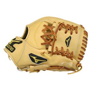 Side view of a tan baseball glove with brown lacing and black Mizuno branding.