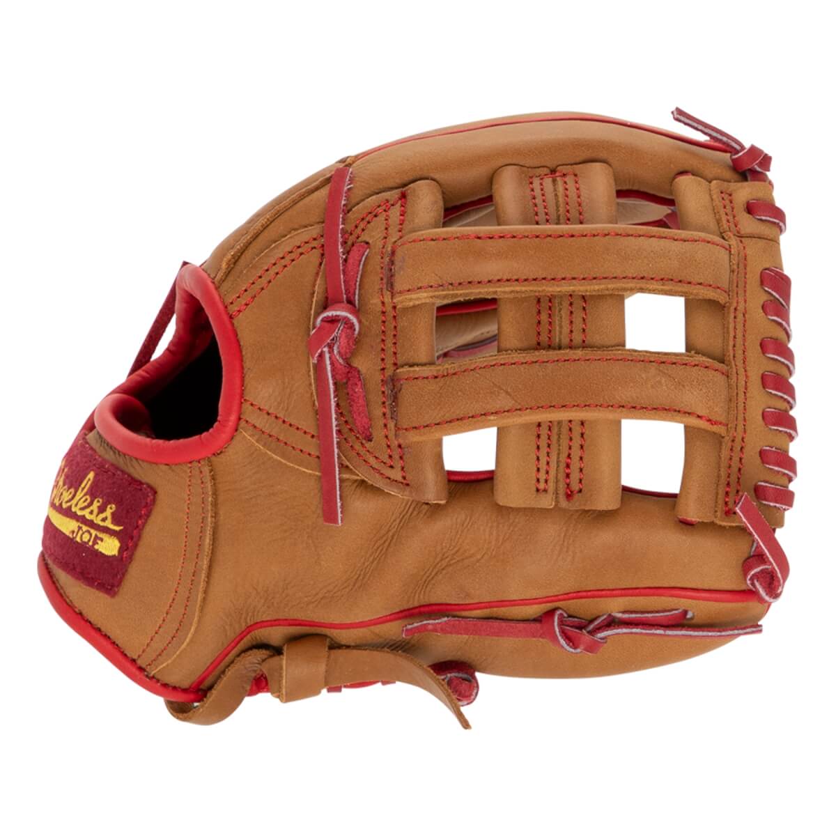 Side view of a tan baseball glove with red lacing, a basket web, and a Shoeless Joe logo patch.