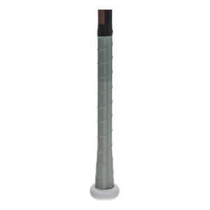 A close-up view of the bat handle shows grey spiral-wrapped grip tape with a black band at the top and a flared white knob at the bottom.