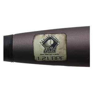 Close-up of a gray softball bat with a USA Senior Softball logo and 1.21 BPF text.
