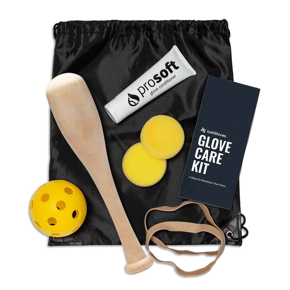 A JustGloves Glove Care Kit includes a black bag, wooden mini bat (REPS), prosoft glove conditioner, two yellow sponges, a wiffle ball, and an elastic band.