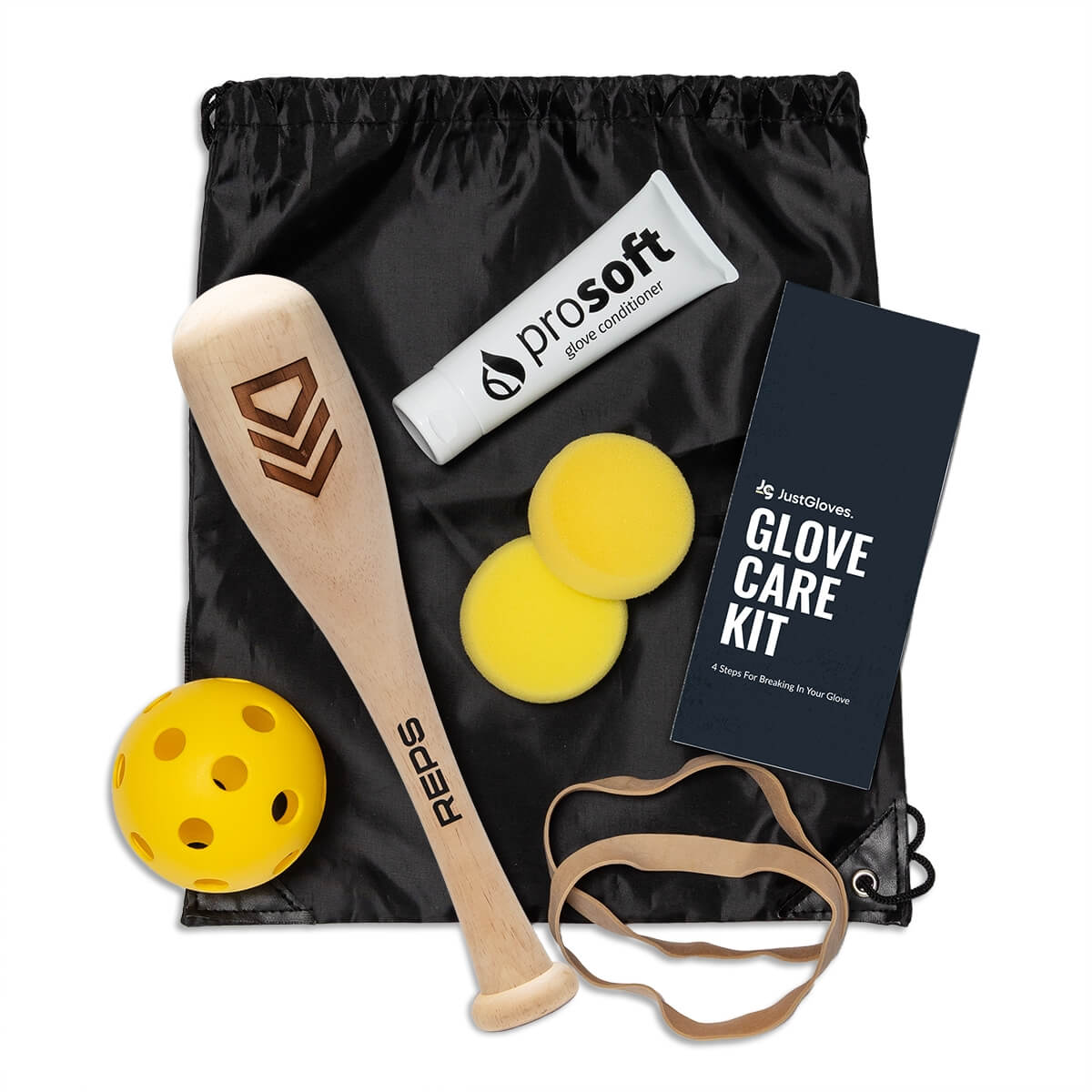 A JustGloves Glove Care Kit includes a black bag, wooden mini bat (REPS), prosoft glove conditioner, two yellow sponges, a wiffle ball, and an elastic band.