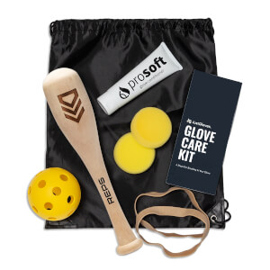 A JustGloves Glove Care Kit includes a black bag, wooden mini bat (REPS), prosoft glove conditioner, two yellow sponges, a wiffle ball, and an elastic band.