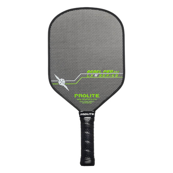 Front view of a black pickleball paddle with a textured surface, green accents, and PROLITE branding.