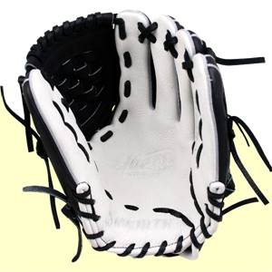 Interior view of a black and white baseball glove with white stitching and a woven black pocket.