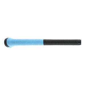 Side view of a black and blue baseball bat with a textured grip and rounded end cap.